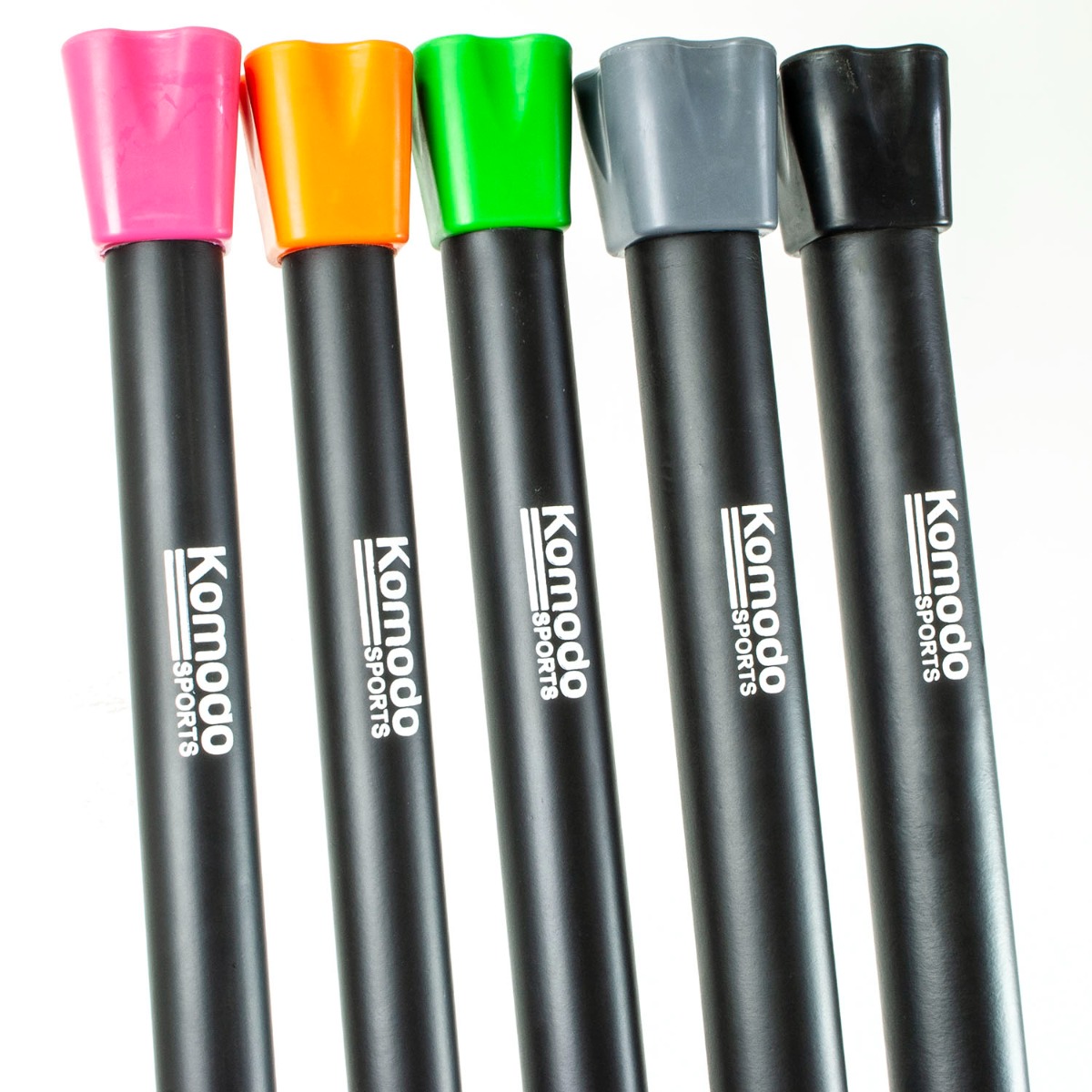 Set of five aerobic weighted exercise bars in colour coded weights with rubberised foam grips on white background