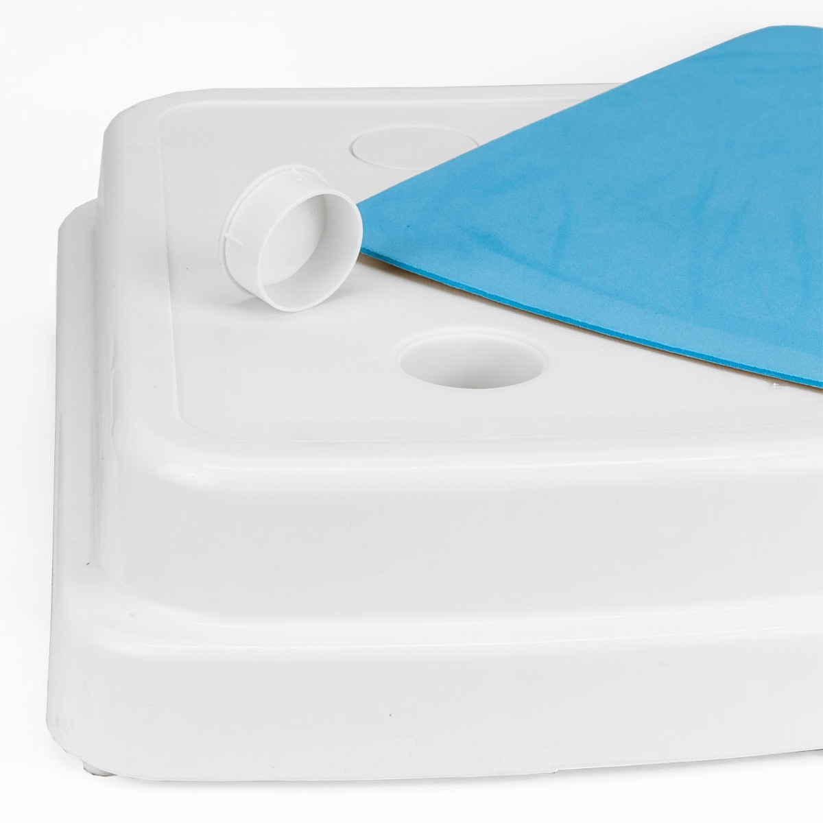 Stackable bath step showing two white steps with non-slip platforms and rubberised feet for safe bathroom use