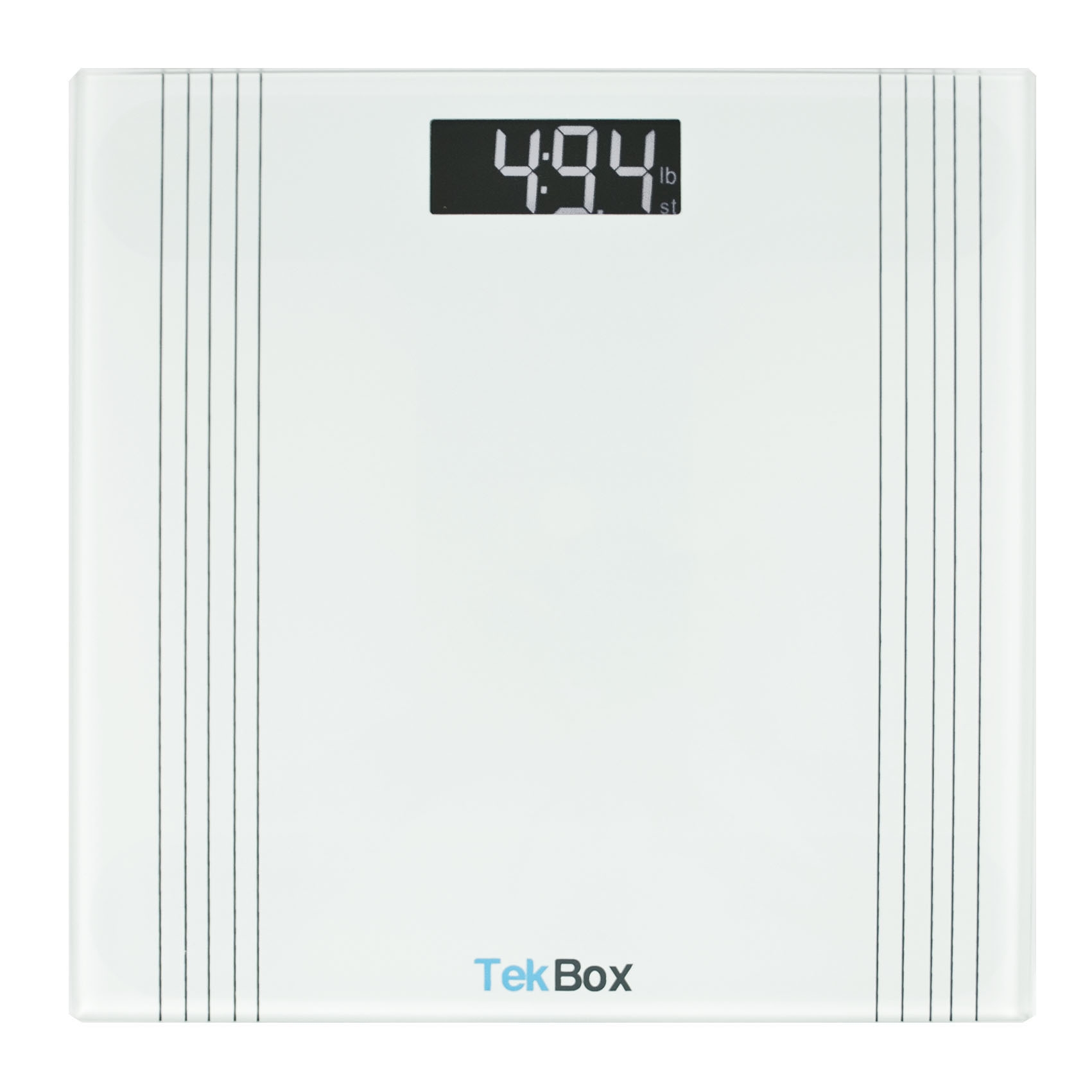 Tempered glass digital weight measuring scales with clear display showing weight in kilograms on bathroom floor