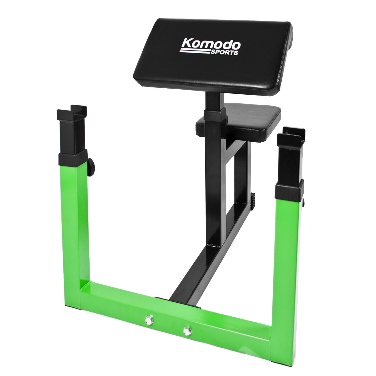 Adjustable curl bench with cushioned preacher pad, steel frame, and barbell rests for bicep exercises in home gym setting