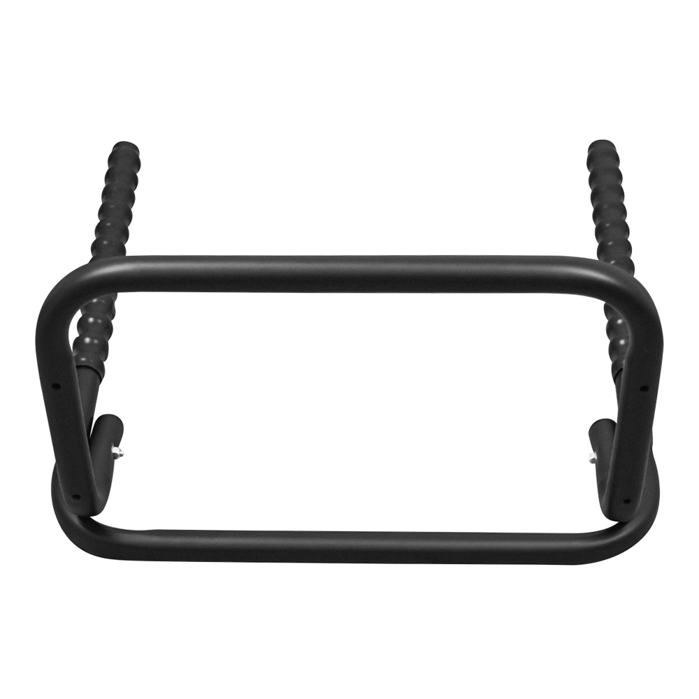 Black heavy duty wall mounted bike rack holding two bicycles with plastic grip arms and steel frame, folded against white wall