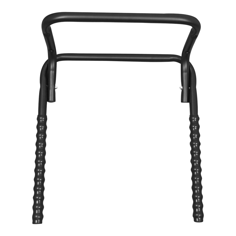 Black heavy duty bike storage rack mounted on wall holding two folded bicycles with plastic grip arms