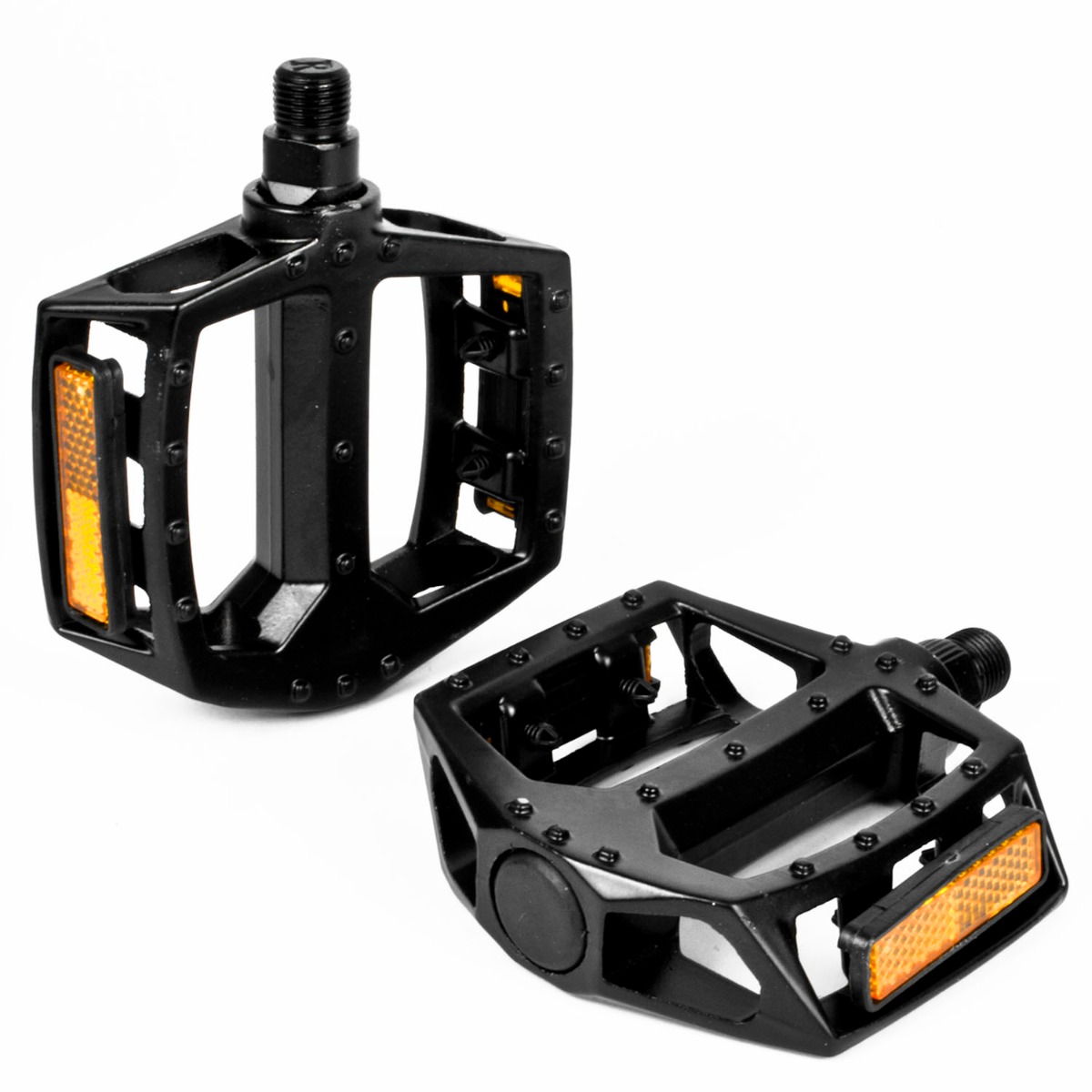 Pair of black bicycle pedals with reflective strips, flat platform design, and metal alloy body for durability