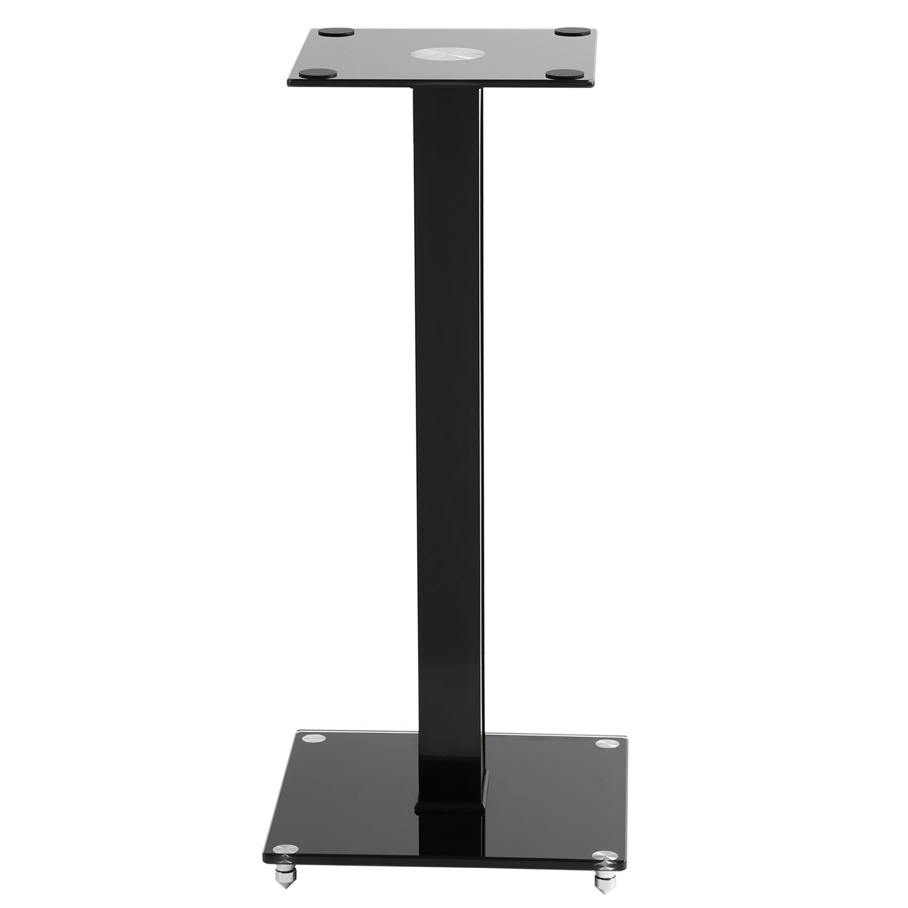 Pair of sleek black glass speaker stands with cable management, aluminium pillars, and floor spikes for stability on white background