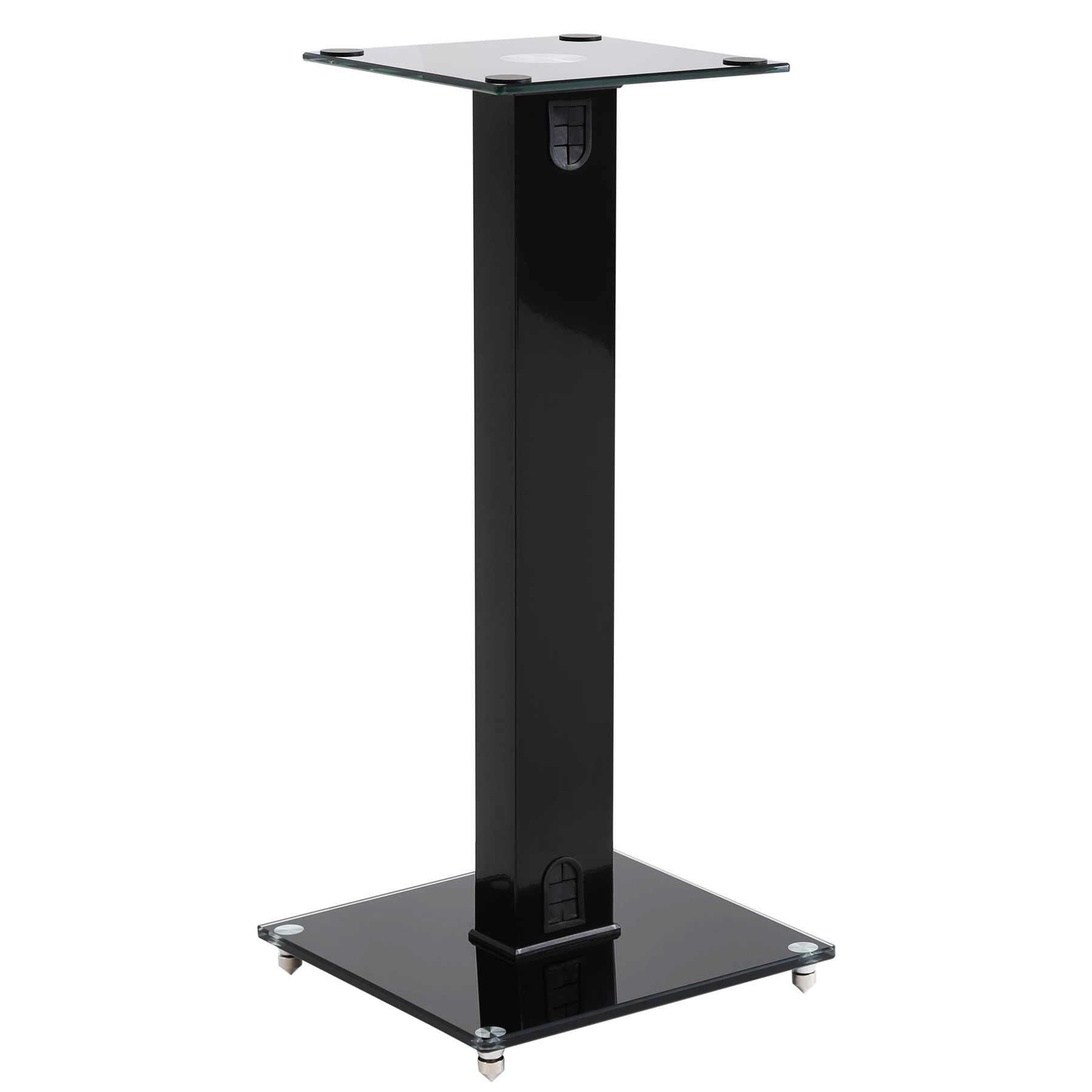 Pair of black tempered glass speaker stands with aluminium pillars and floor spikes for stability on white background