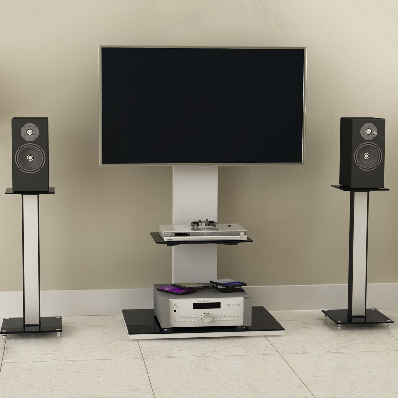 Pair of black aluminium speaker stands with tempered glass platforms and floor spikes for stability on a white background