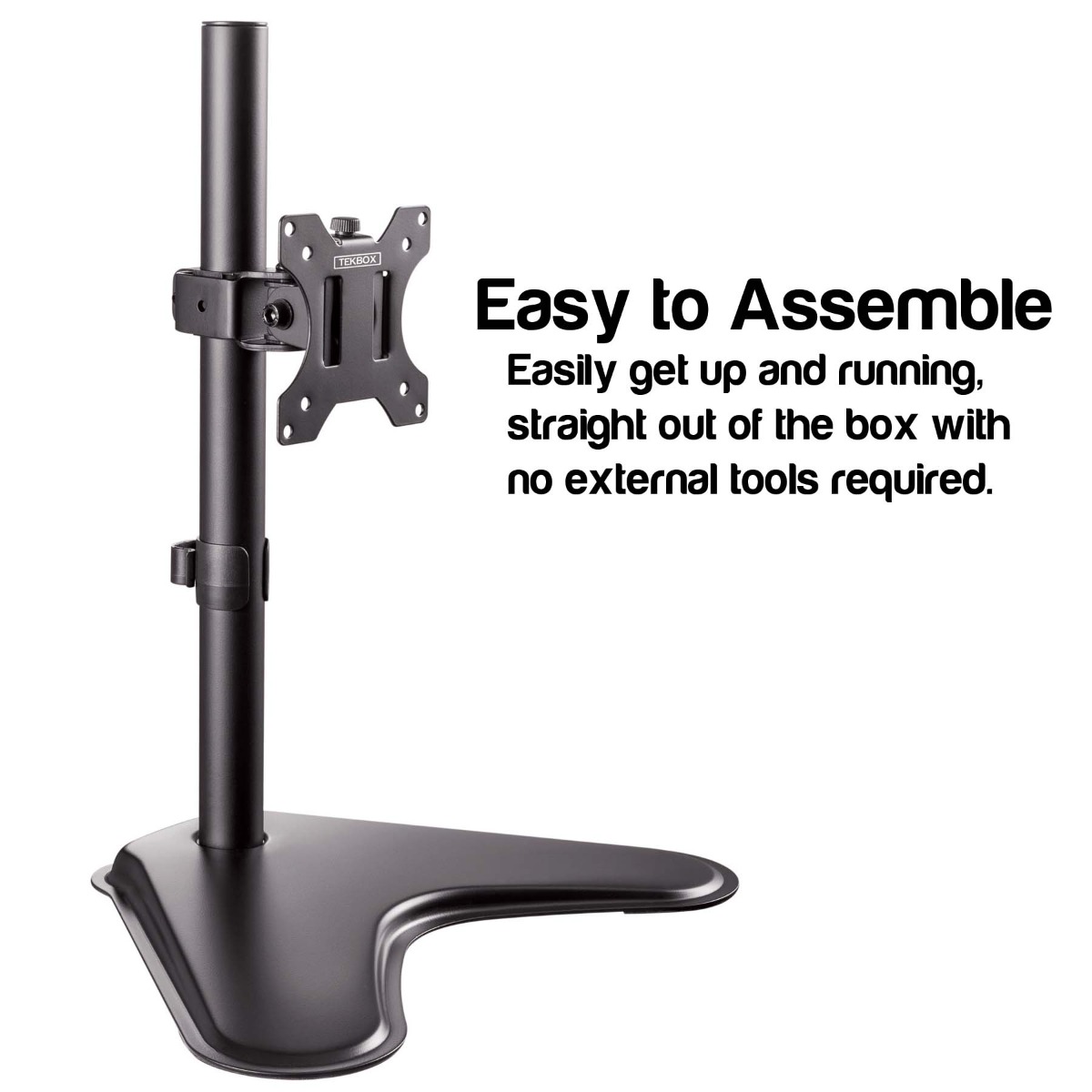 Single VESA monitor mount holding a 24-inch screen, showing swivel, tilt, and rotation features on a desk setup