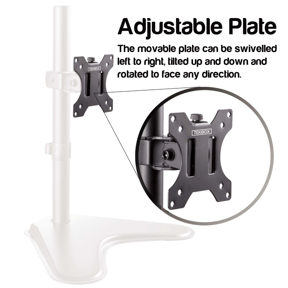 Desk monitor mount holding a single 32-inch screen with swivel, tilt, and rotate features on a clean desk setup