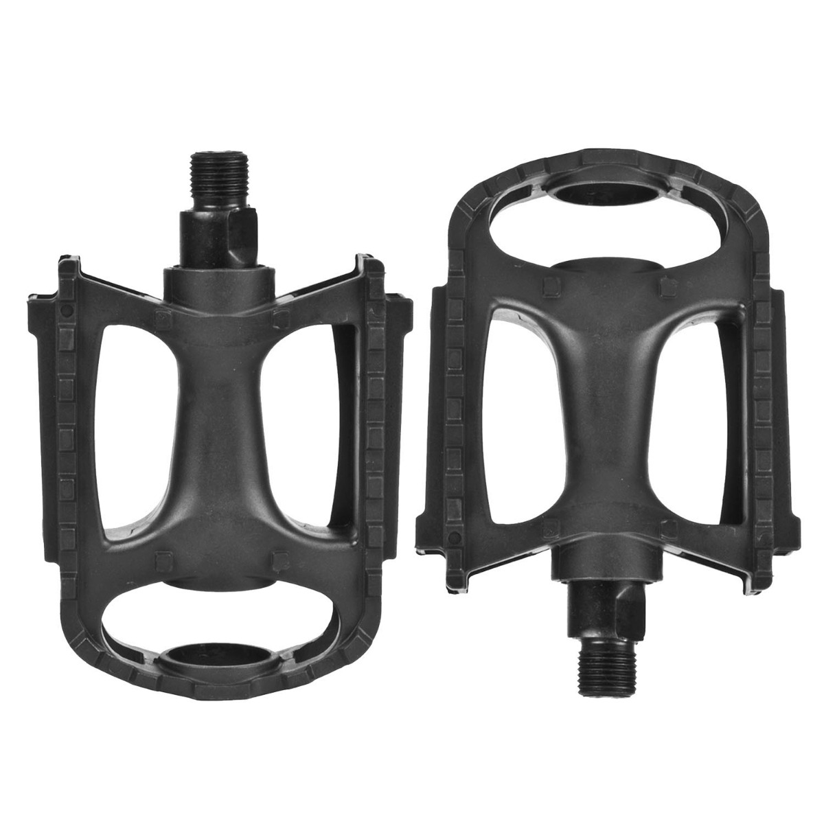 Pair of durable bike pedals with reflective strips, curved design, made from tough plastic for standard bicycles