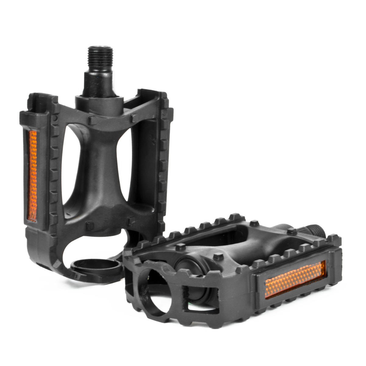 Standard curved reflective bicycle pedals with tough plastic body and visible reflective strips on both sides for safety