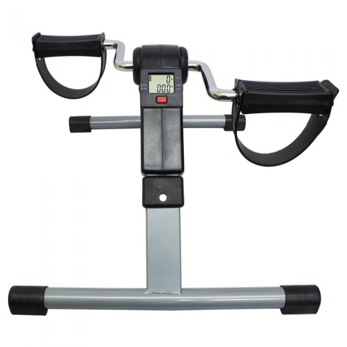 Portable pedal exerciser with digital display, adjustable resistance knob, and pedals for arm or leg workouts, shown on a white background