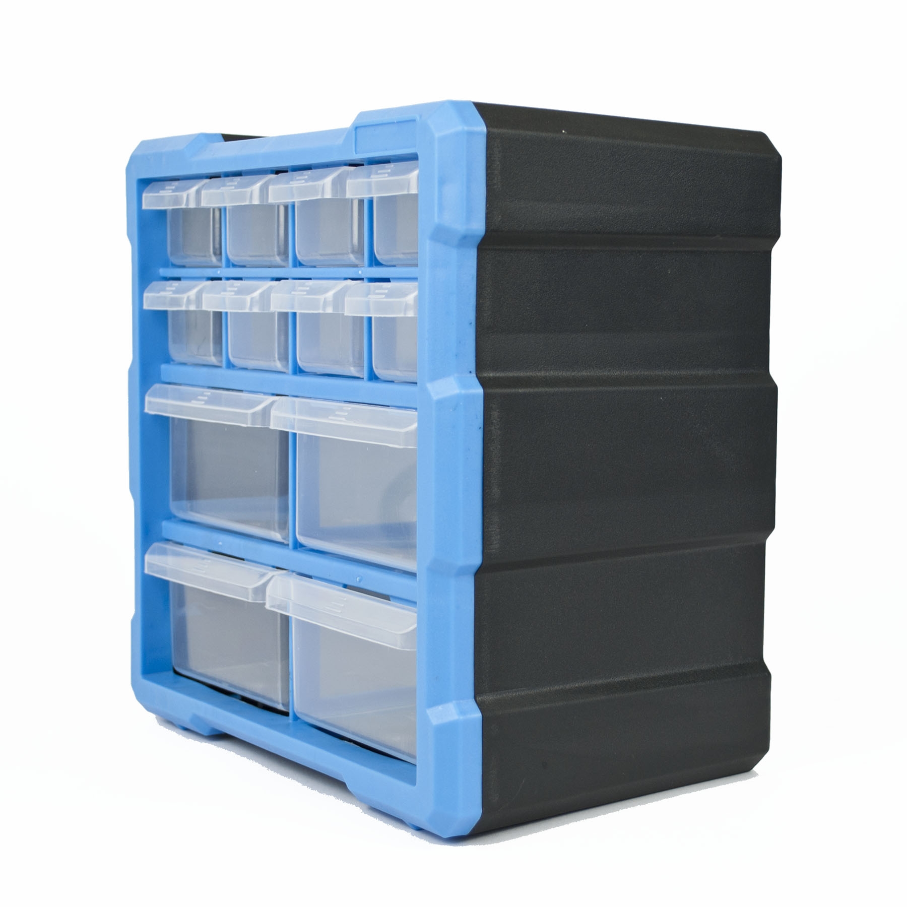 12 drawer storage unit with 8 small and 4 large clear plastic drawers, stackable and wall-mountable organizer cabinet