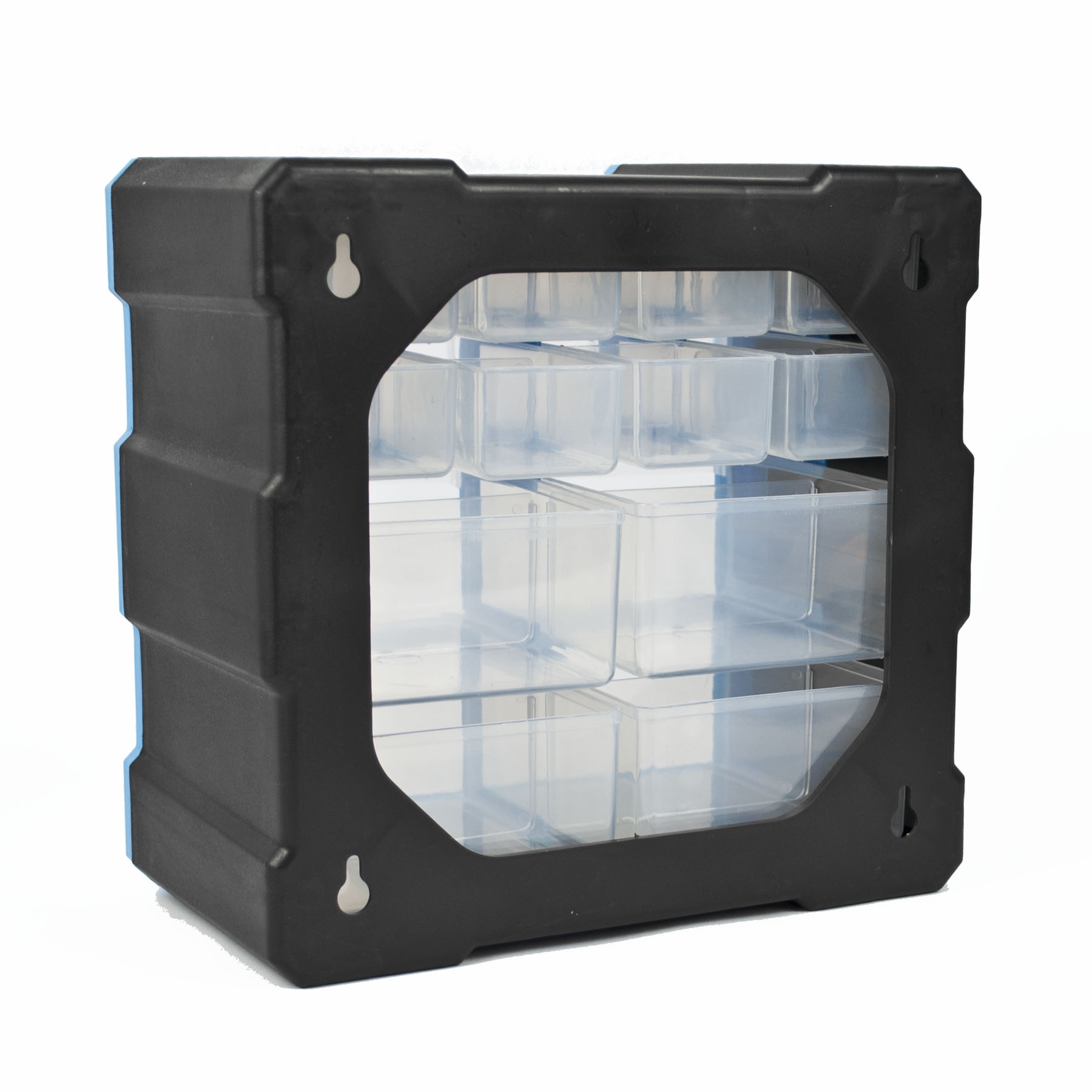 Plastic storage cabinet with 12 drawers, 8 small and 4 large, stackable and wall-mountable for DIY organisation