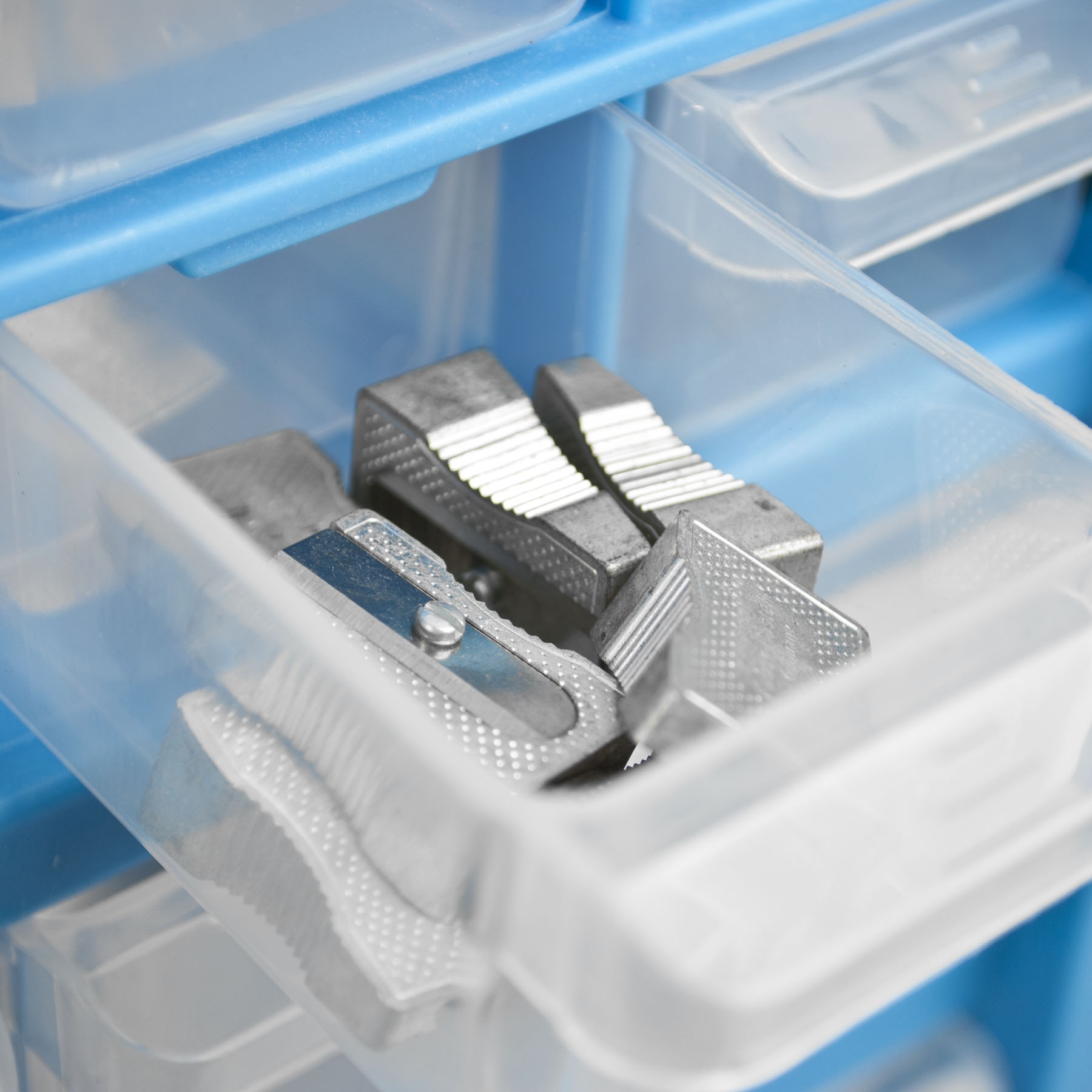 Stackable storage organiser unit with 12 plastic drawers in various sizes, designed for DIY tools and small parts storage