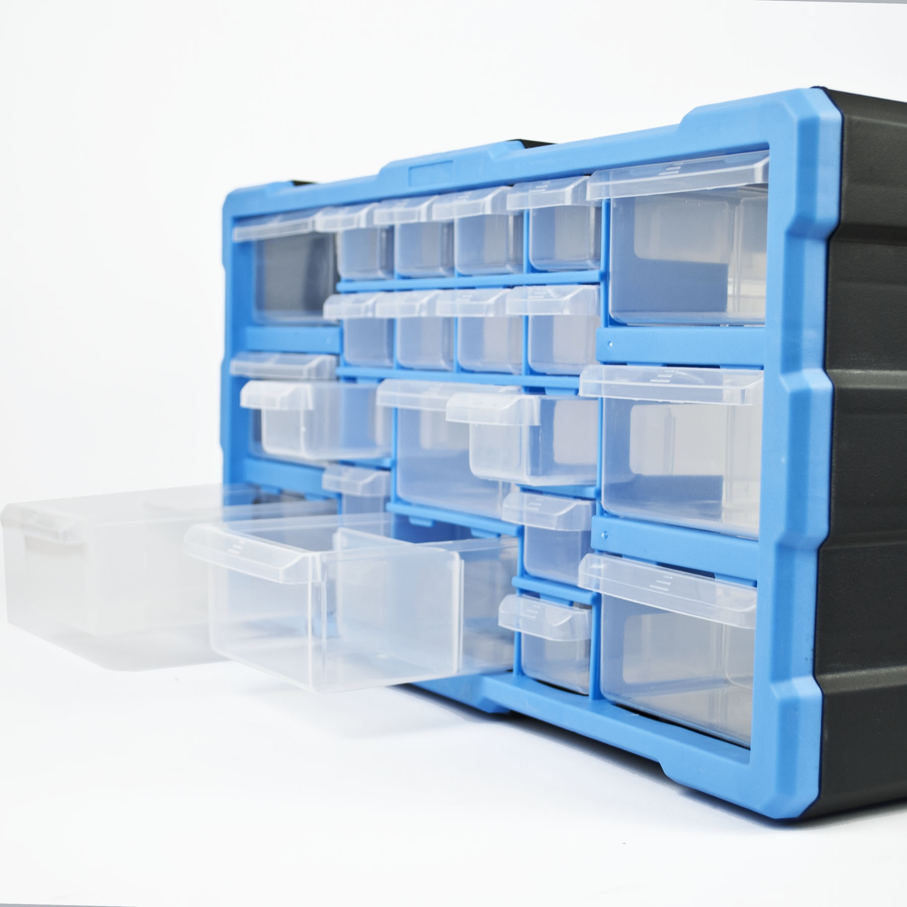 Workshop storage cabinet with 22 plastic drawers, including 14 small and 8 large compartments for organising tools and craft items