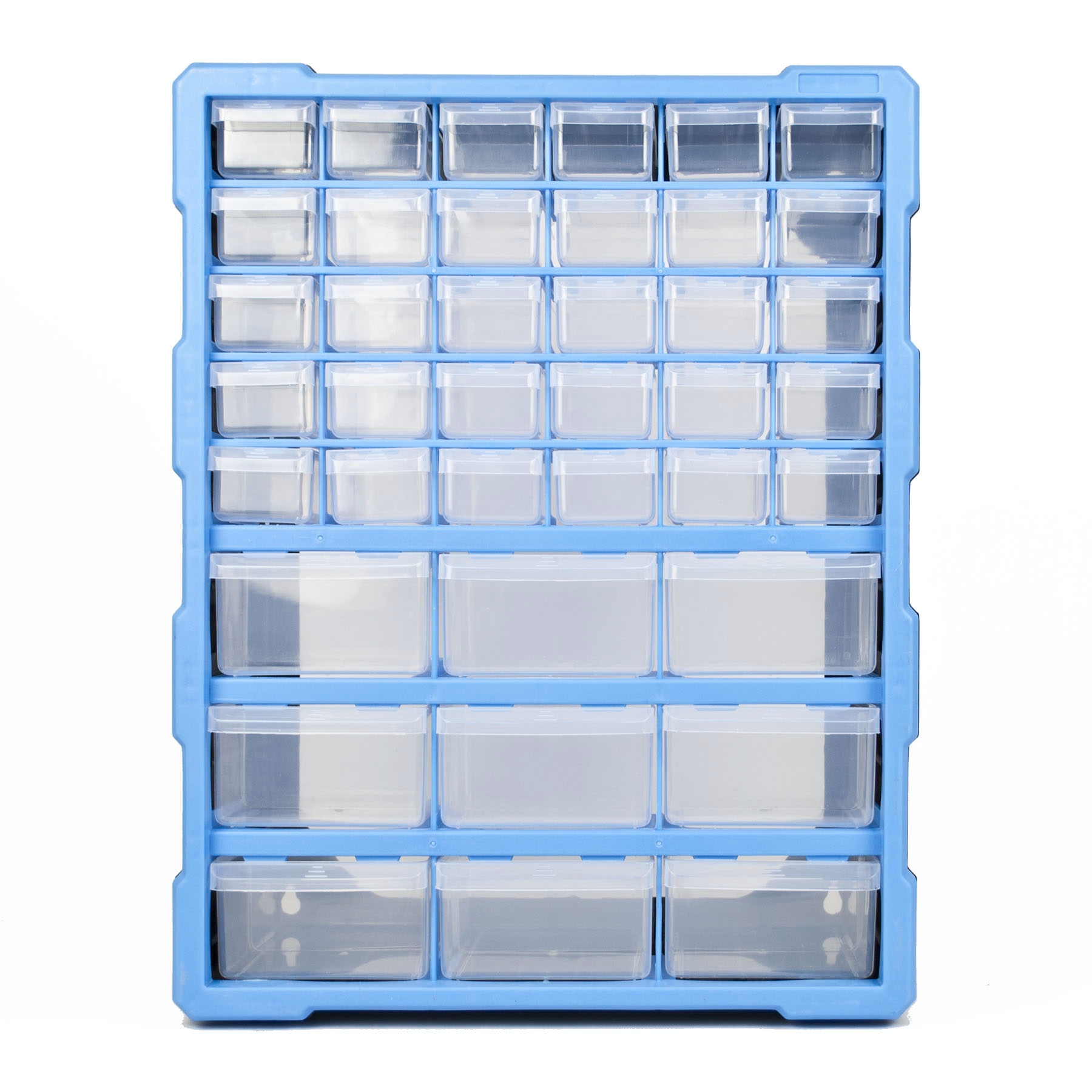 Plastic storage cabinet with 39 drawers, 30 small and 9 large compartments, lightweight and stackable design