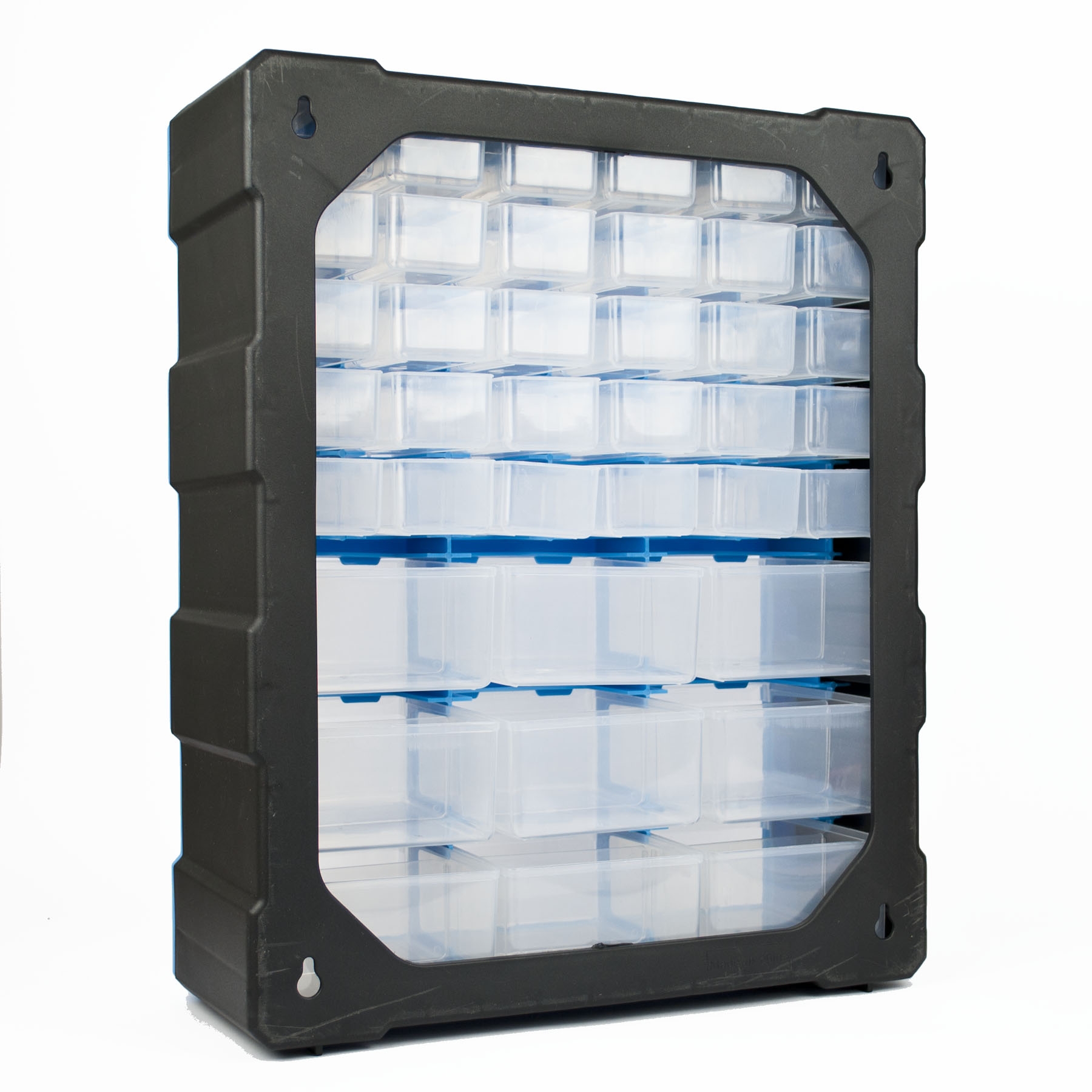 DIY storage organiser unit with 39 workshop storage drawers in various sizes, made from durable lightweight plastic, stackable design