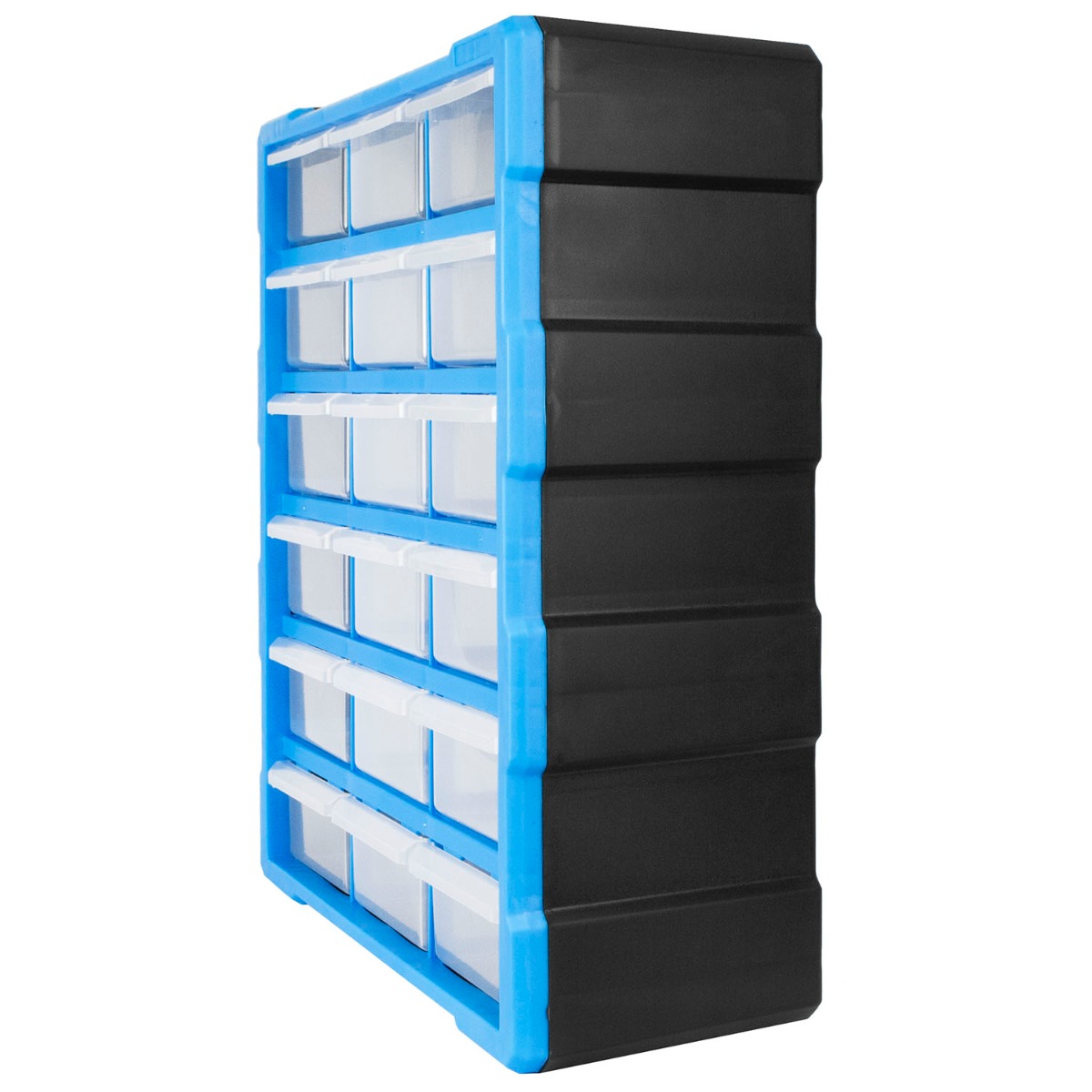 DIY storage organiser unit with 18 large clear drawers, stackable and wall-mountable, made from durable plastic