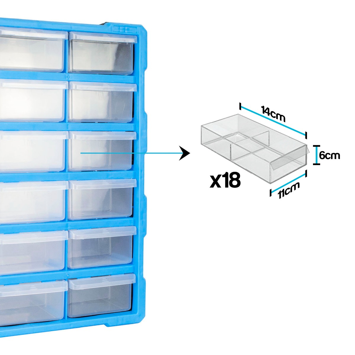 Stackable DIY unit with 18 large plastic storage drawers, each with handles and removable dividers for small parts organization