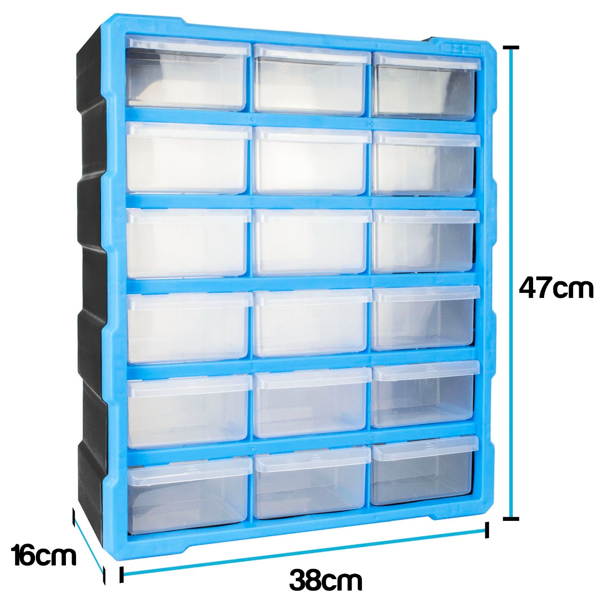 Workshop storage cabinet with 18 large clear drawers, stackable design, and protruding handles for easy access