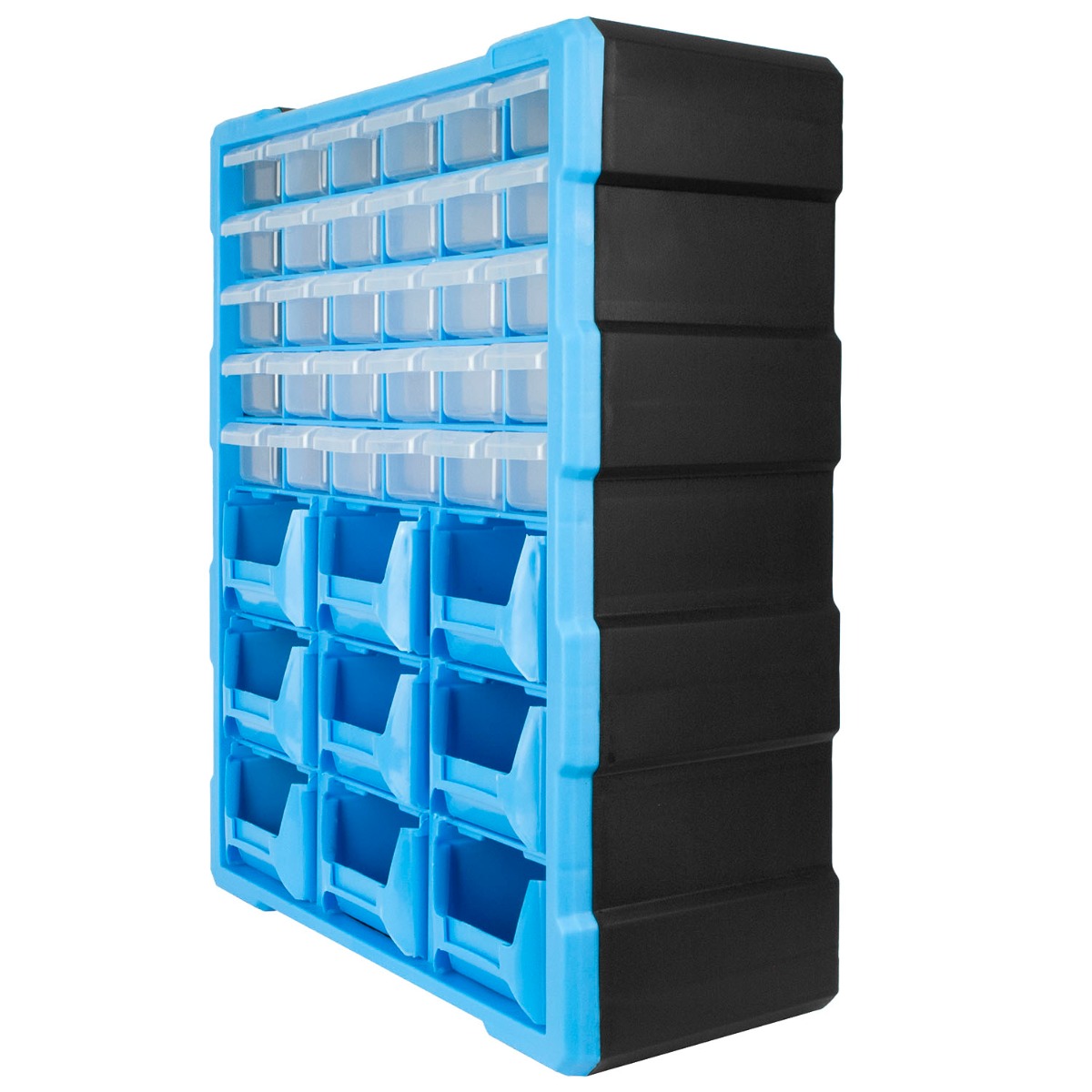 DIY storage organiser unit with multiple small drawers and larger tubs for tools and craft items, stackable design