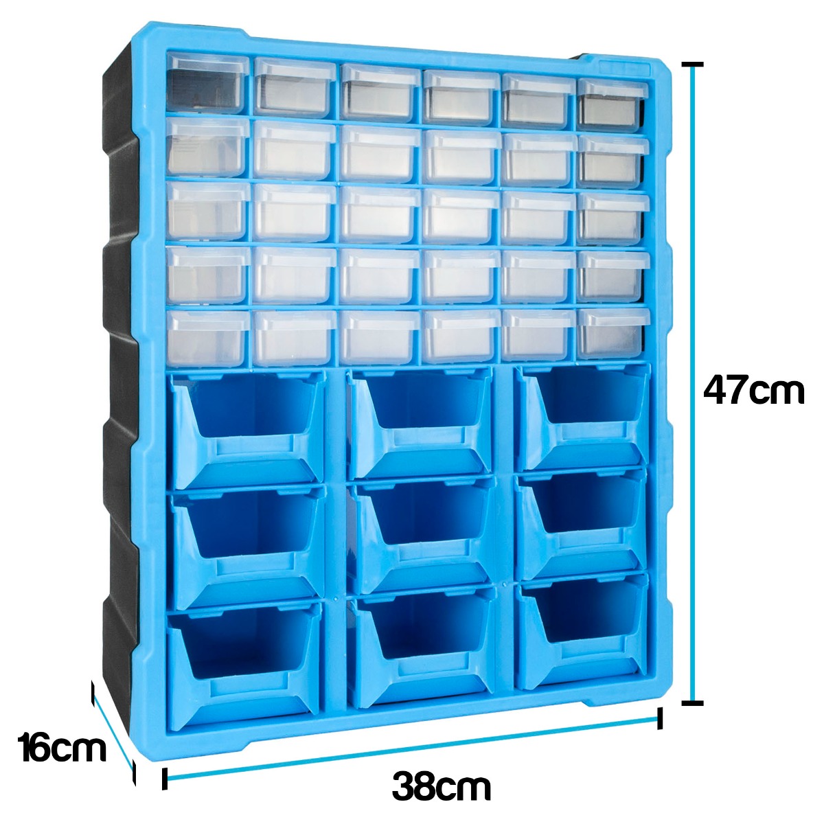 Workshop storage cabinet with multiple small drawers and larger tubs for organising DIY tools and craft items.