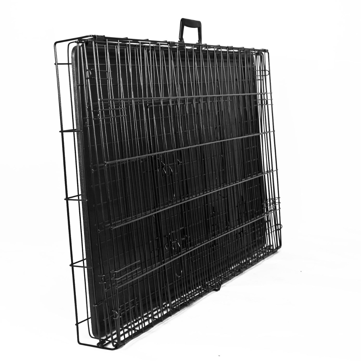 Large pet crate with two doors, metal frame, and removable plastic base tray for easy cleaning and secure latches.