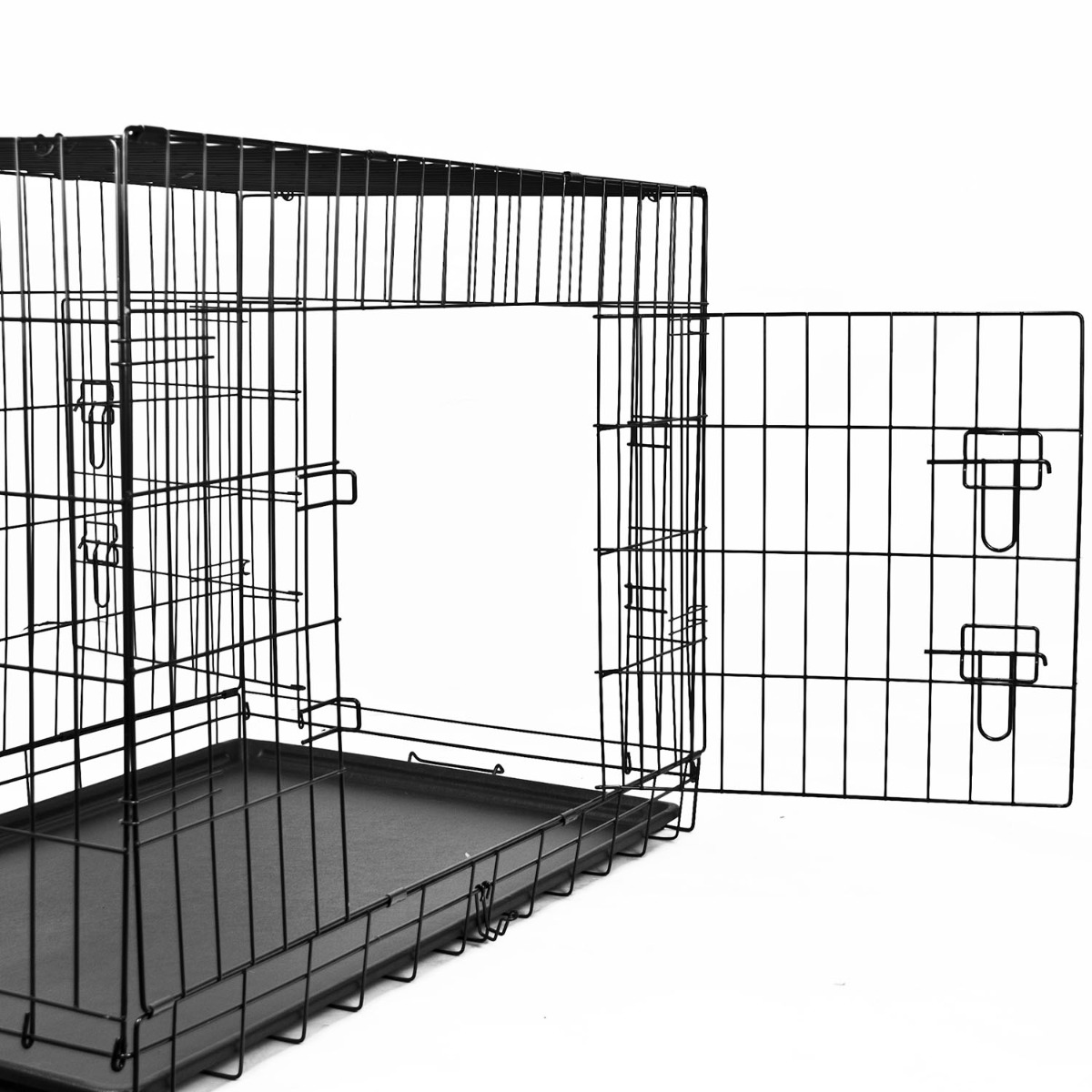 Foldable dog cage with two doors, metal frame, removable plastic base tray, and attachable carry handle for easy transport