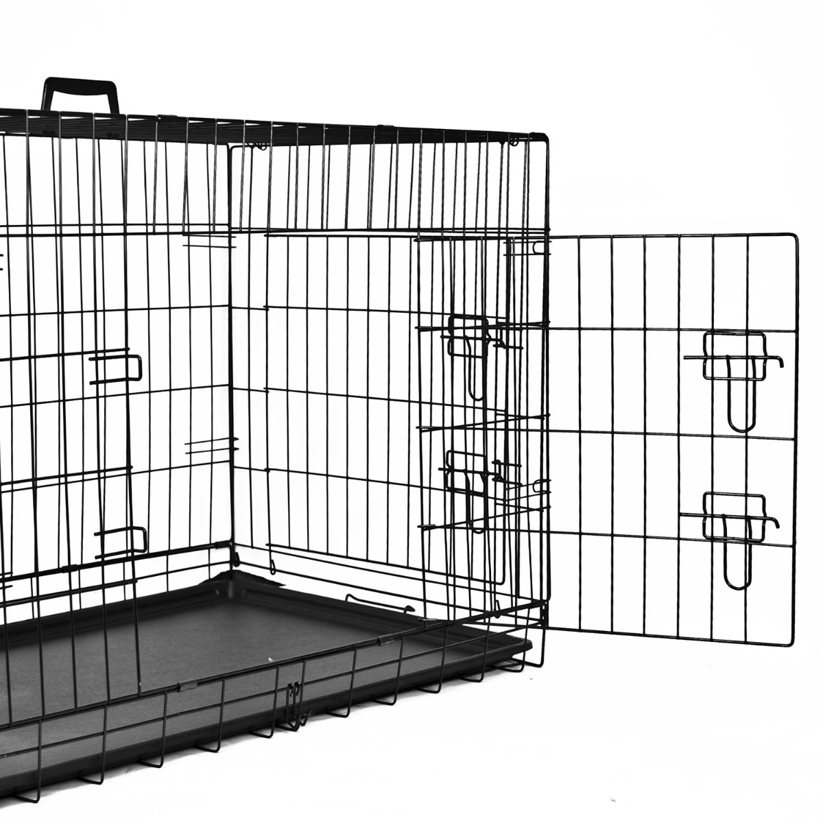 Folded metal dog crate with carry handle, showing its compact storage design and sturdy metal construction.