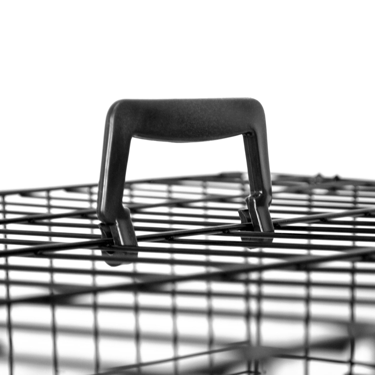 Large 36 inch dog crate with doors on front and side, metal frame, removable plastic base tray, and carry handle attached