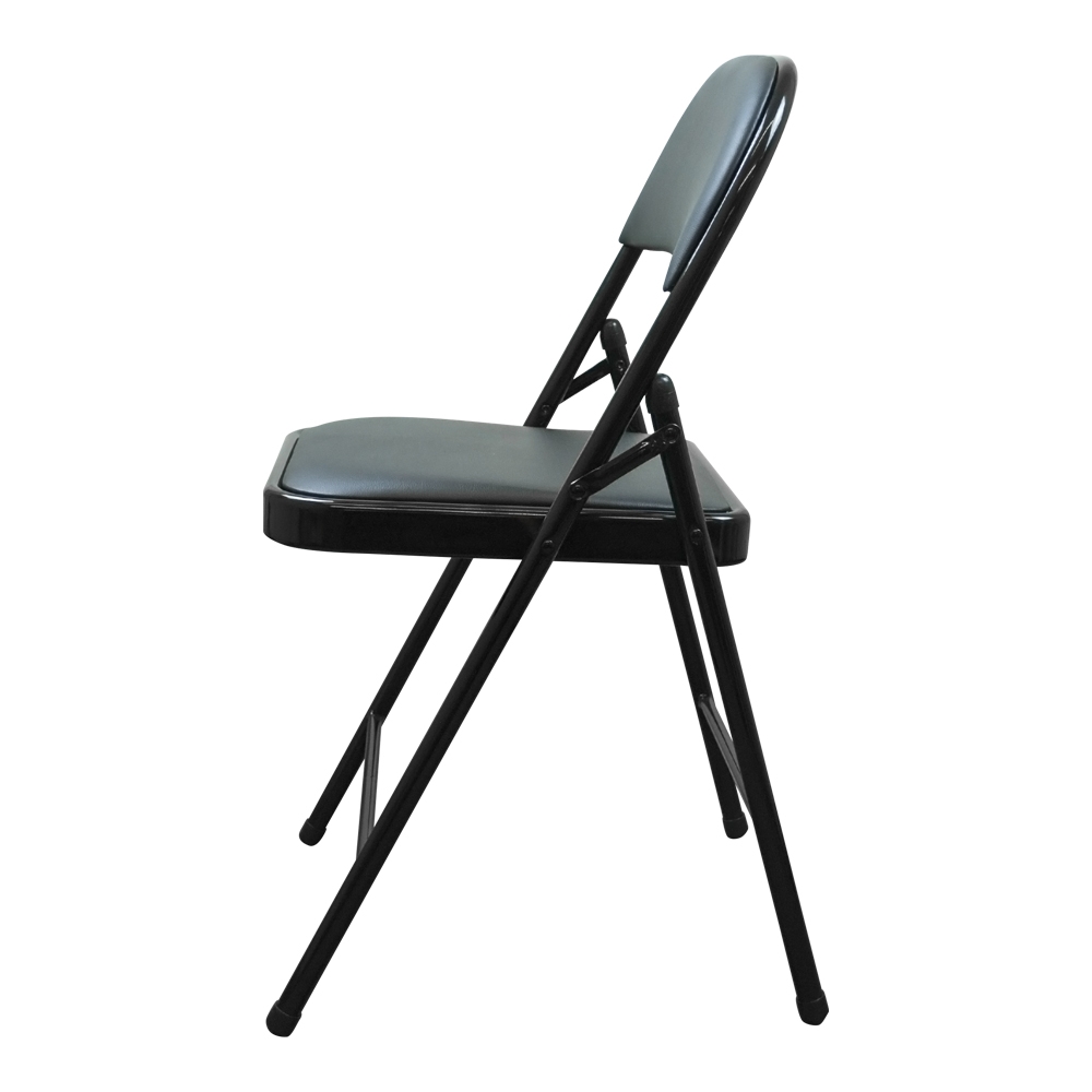 Black folding chair with padded faux leather seat and backrest, sturdy metal legs, and protective leg caps, unfolded and ready to use