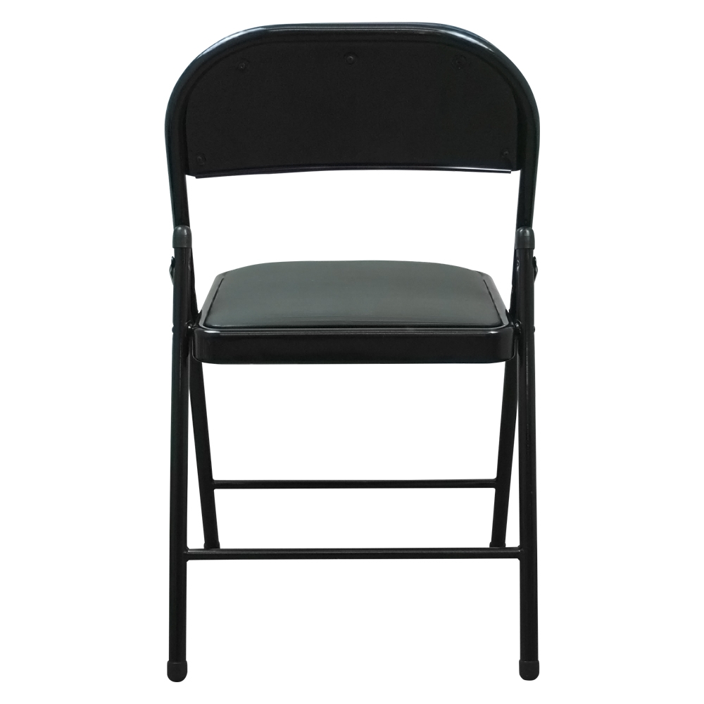 Black faux leather folding chair with padded seat and backrest, sturdy metal legs, shown folded for easy storage.