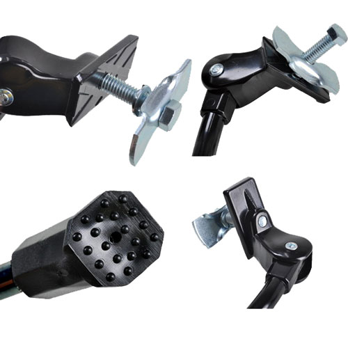 Black adjustable bike stand for bicycles, made of painted steel with a non-slip rubber foot, extends up to 37cm length