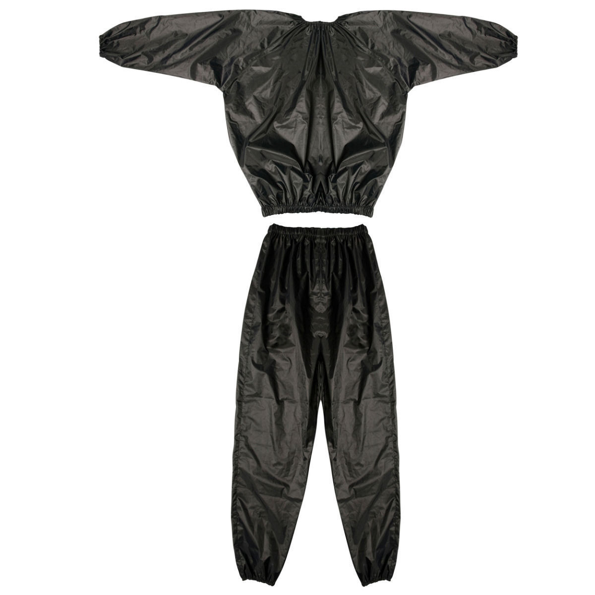 Black full-body weight loss sauna suit designed to increase sweating and boost calorie burn during exercise