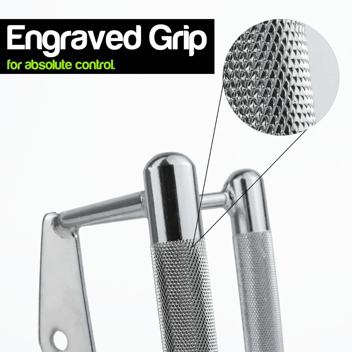 Heavy duty chrome seated row handle with non-slip grip, designed for universal cable machines and back workouts