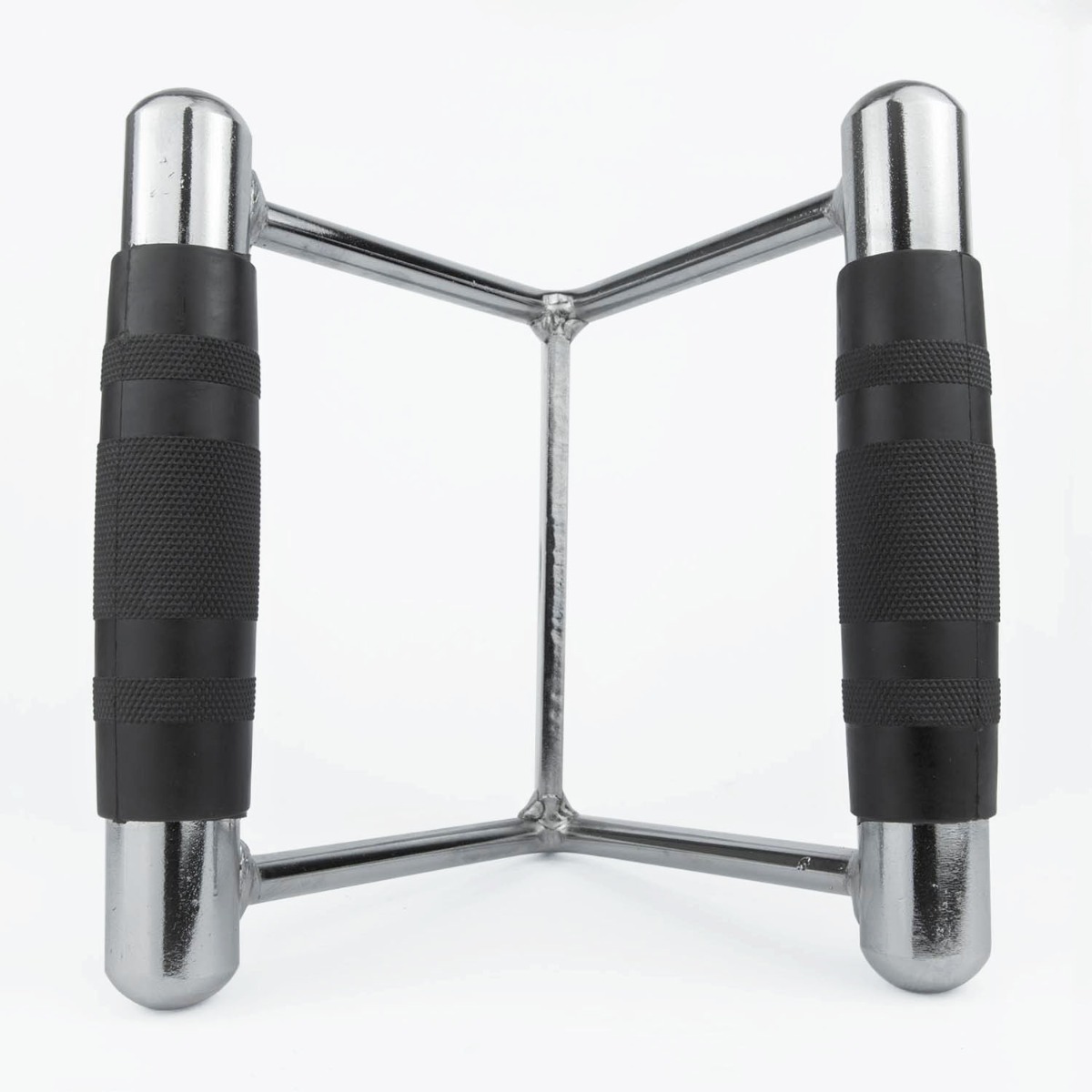 Chrome finished non slip metal row bar with rubber grips designed for heavy duty cable machine workouts