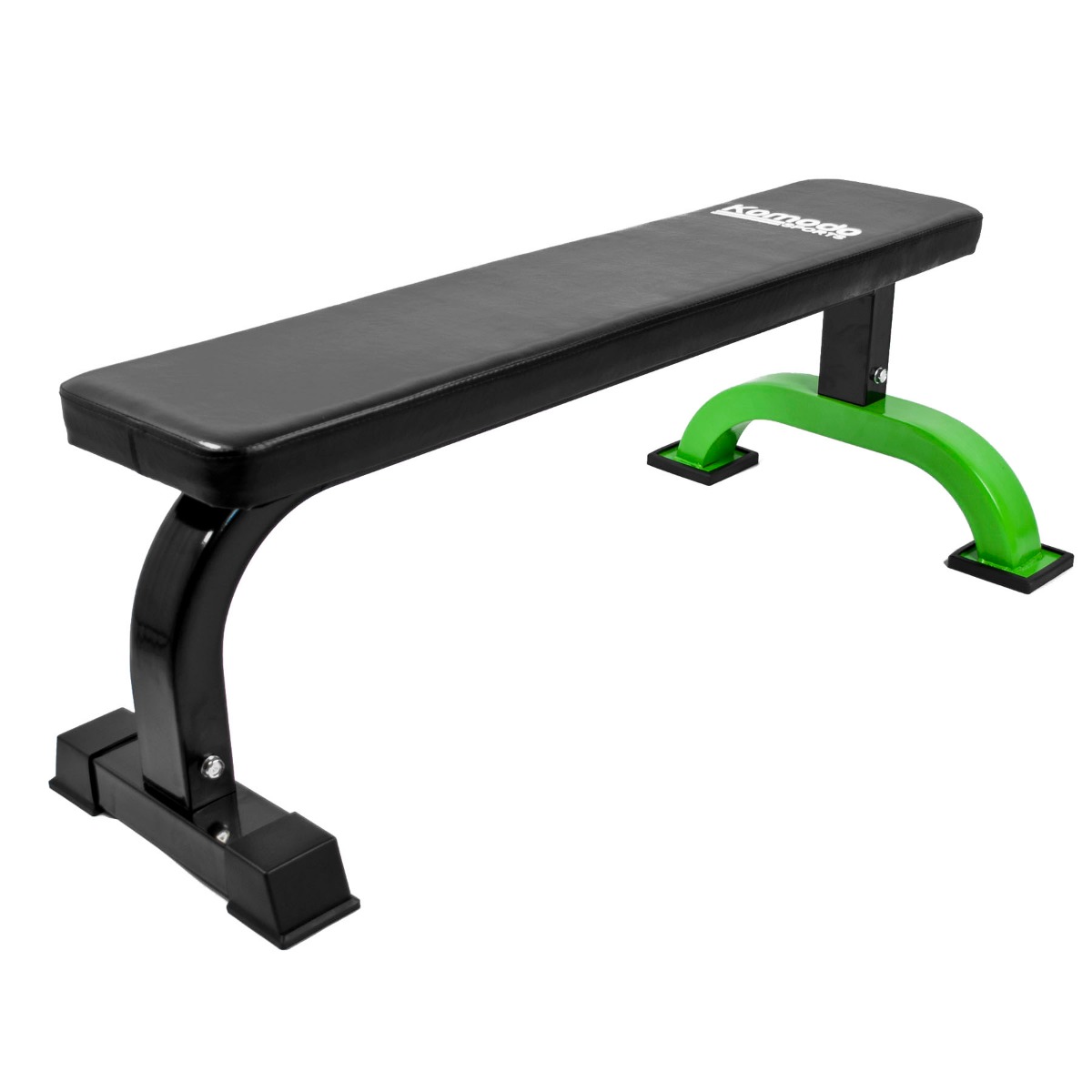 Flat weight lifting bench with padded cushion and green-accented steel frame designed for strength exercises and bench pressing