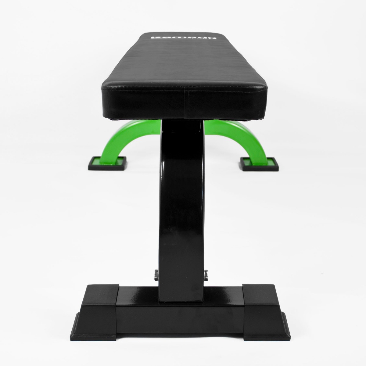 Flat steel workout bench with thick padded cushion and green-accented steel legs on a white background