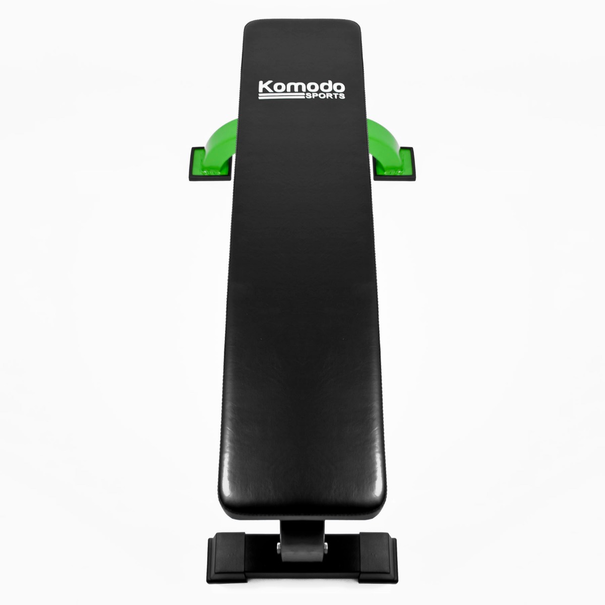 Flat weight bench with thick padded cushion and green steel legs, designed for stable, heavy-duty workouts