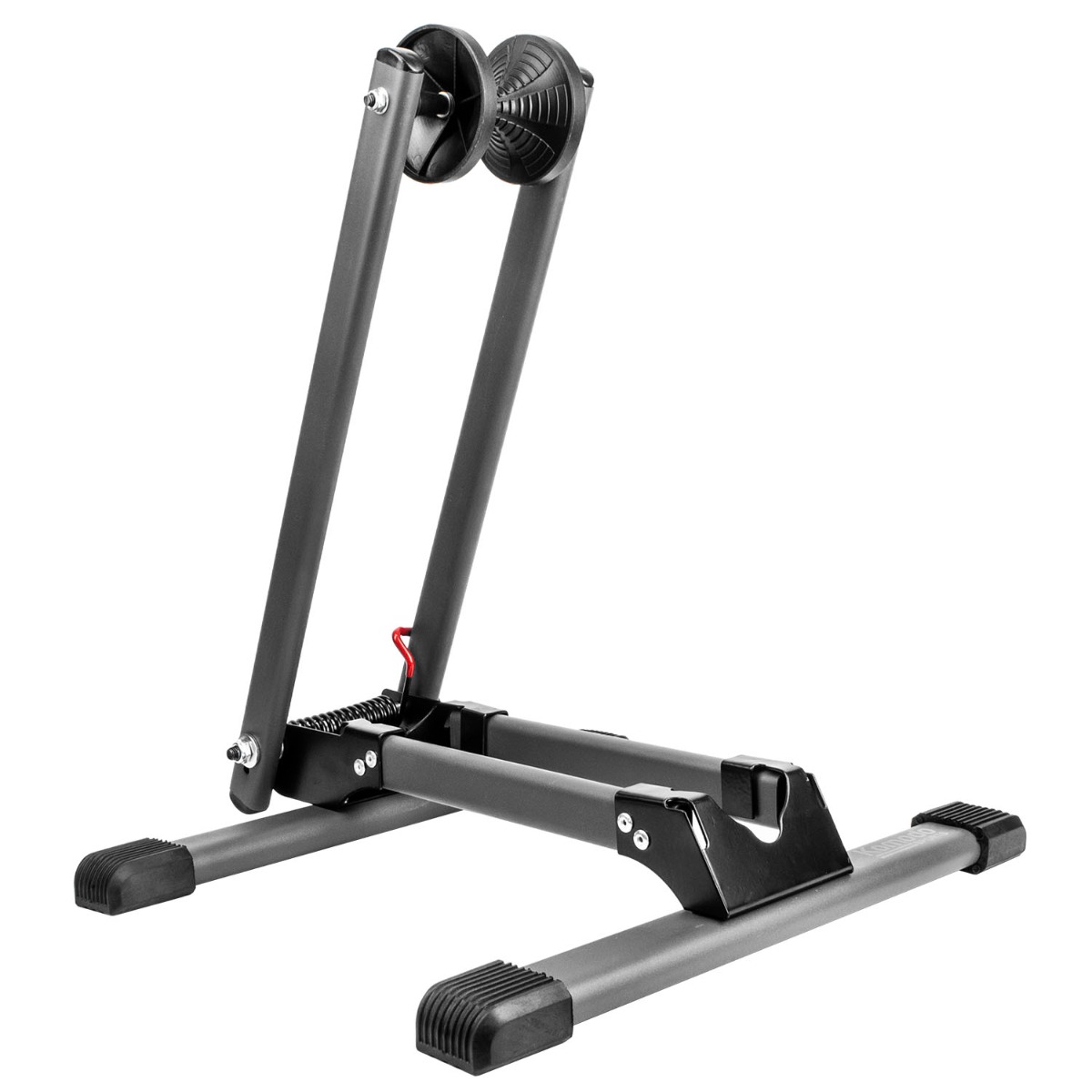 Heavy duty bike stand folded flat showing spring-assisted locking bar and sturdy steel frame with rubber feet grips