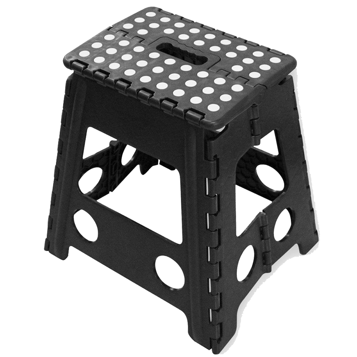 Large folding step stool folded flat showing carrying handle and sturdy heavy-duty plastic construction with anti-slip surface
