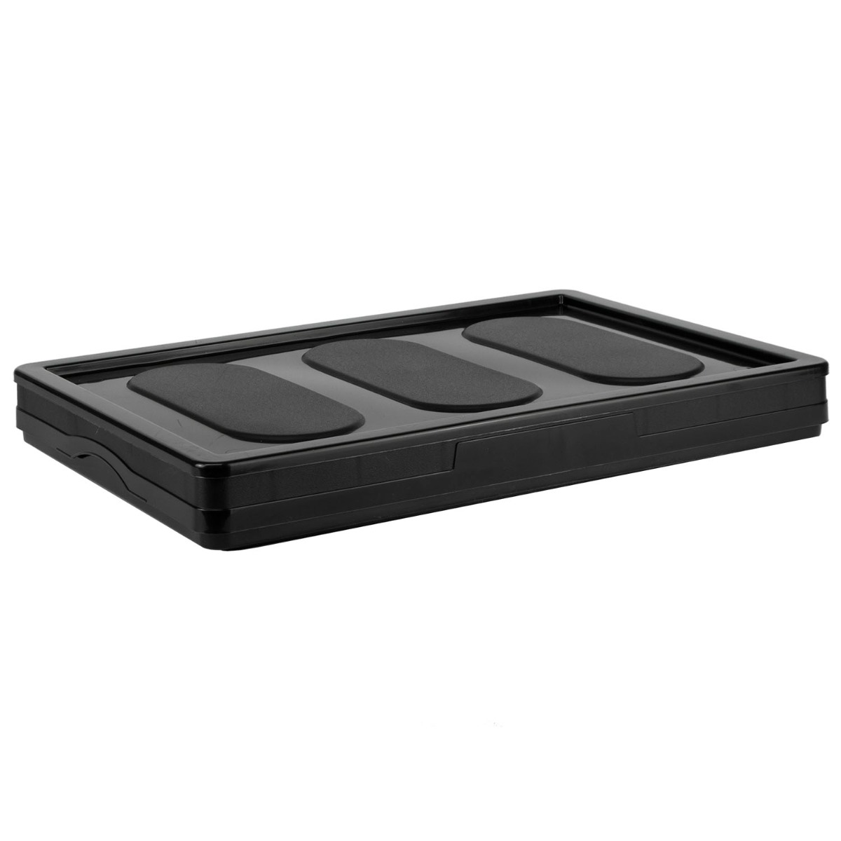 Large black foldable storage crate shown folded flat for easy storage and portability in home or vehicle use