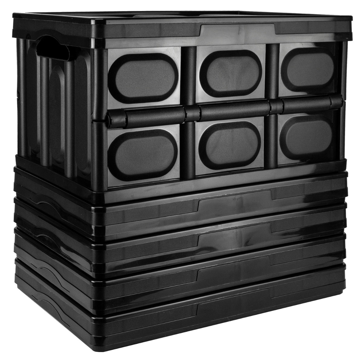 Black stackable storage box folded flat on a white background showing its collapsible design and sturdy plastic build