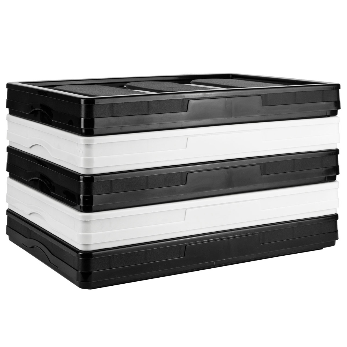 White foldable storage crate in folded and open positions showing stackable, collapsible design for versatile storage use