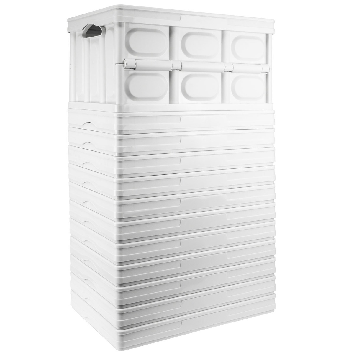 White collapsible storage box folded flat showing its compact, stackable design for easy storage and transport.