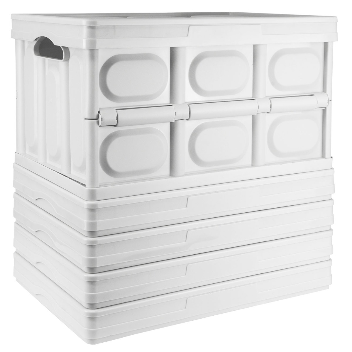 White foldable plastic storage container, shown collapsed for easy storage and transport on a plain background