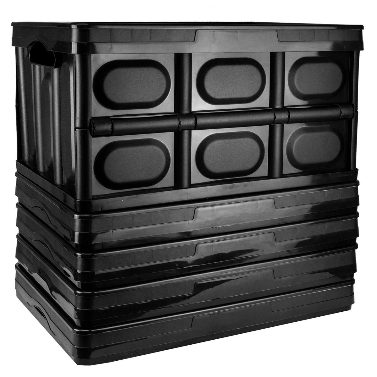 Large black storage box folded flat next to one fully assembled, showing stackable and collapsible design features