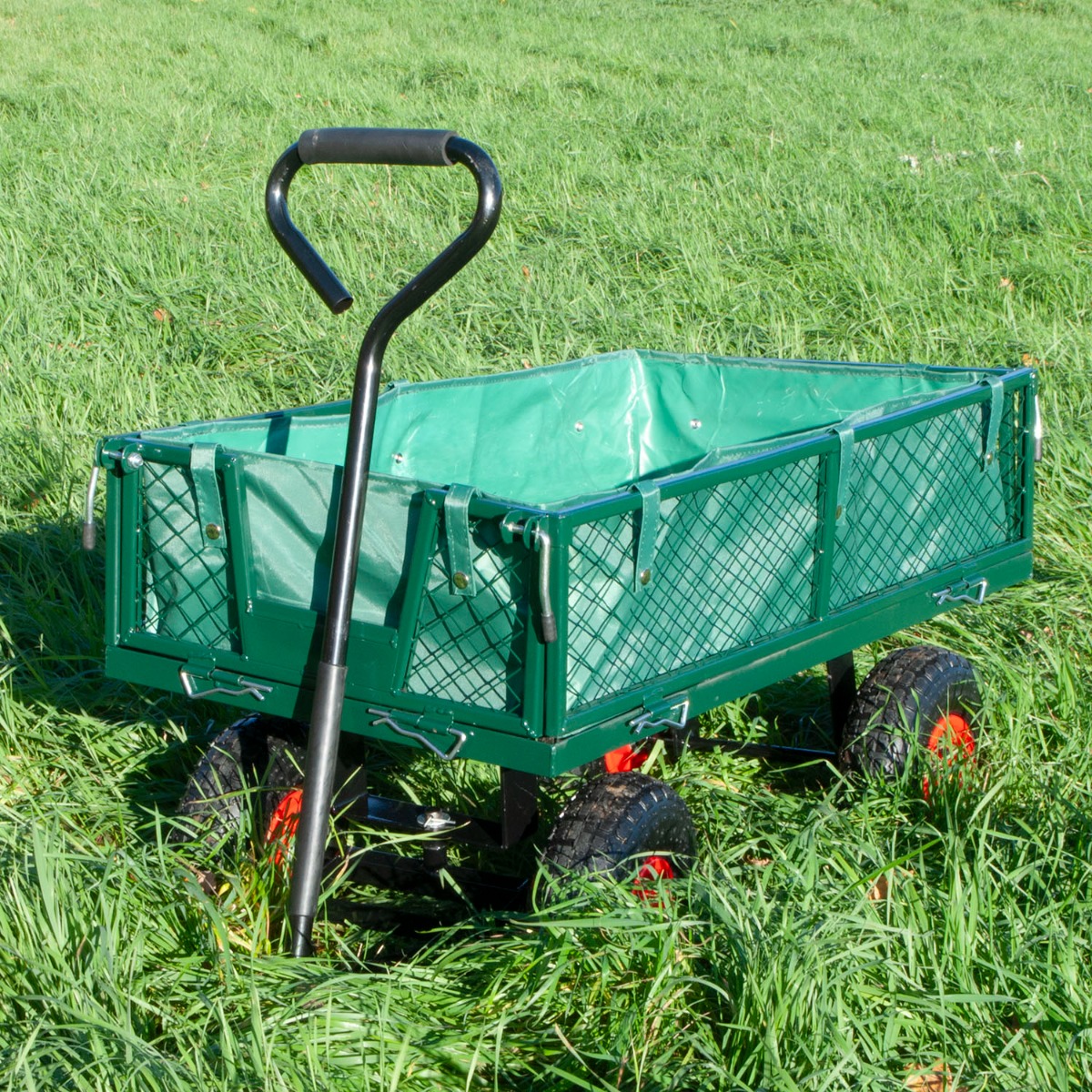 Green garden trolley with fold-down sides and sturdy wheels, designed for 150kg capacity heavy loads and gardening tasks