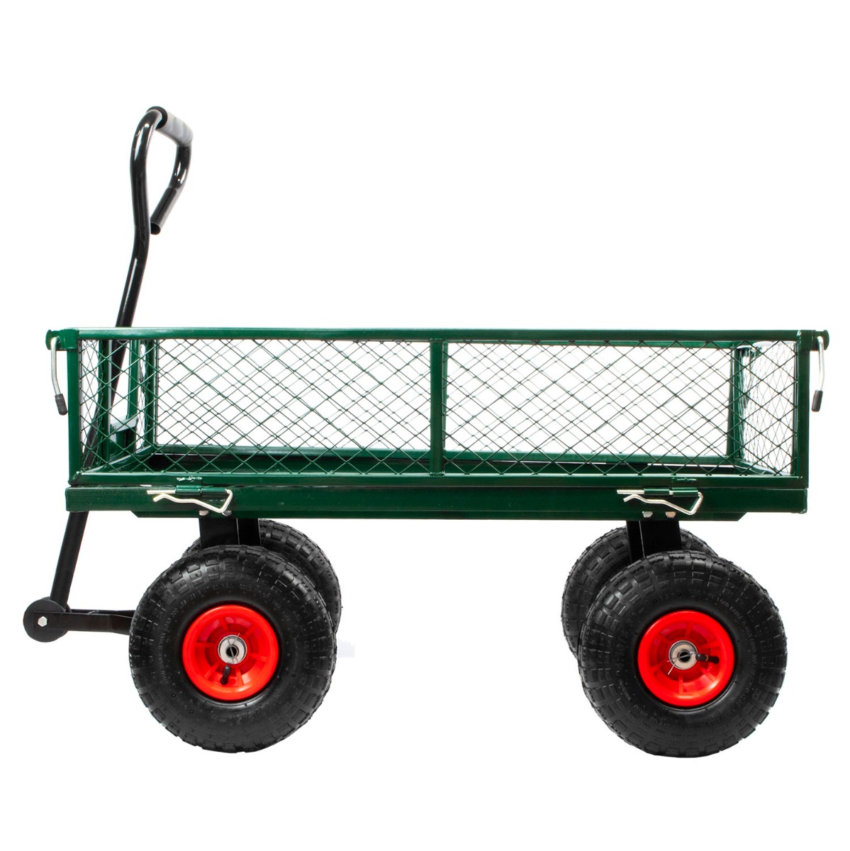 Large green all terrain garden trolley with steel frame and sturdy wheels loaded with garden supplies on patio
