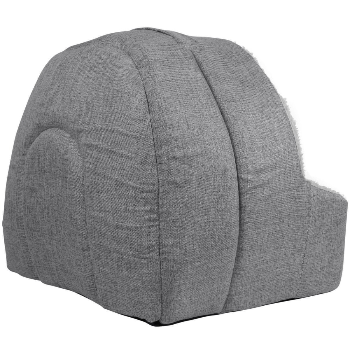 Grey cat bed shaped like an igloo with soft fleece exterior and removable cushion inside on a white background